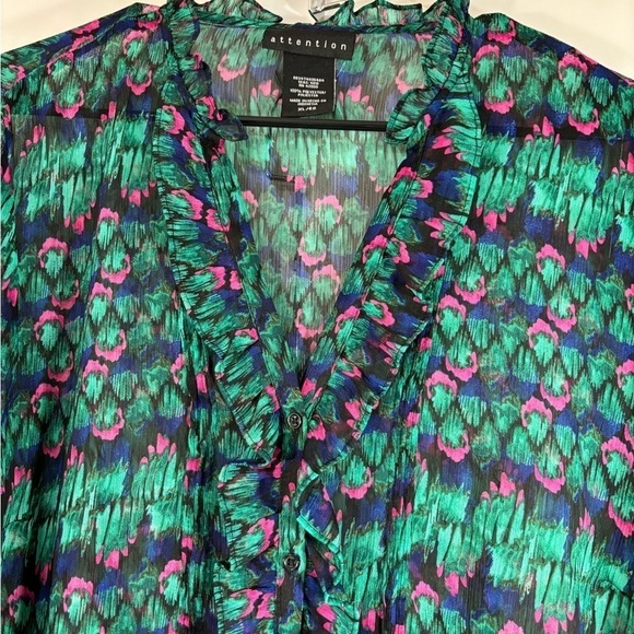 3/4 sleeve teal green & hot pink print blouse with ruffle around neck and front - Picture 3 of 6